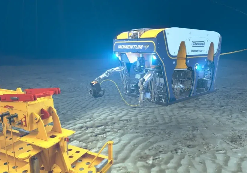 Render of Momentum Electric ROV approaching a subsea Umbilical Termination Assembly while holding an Omnio Tool Changer