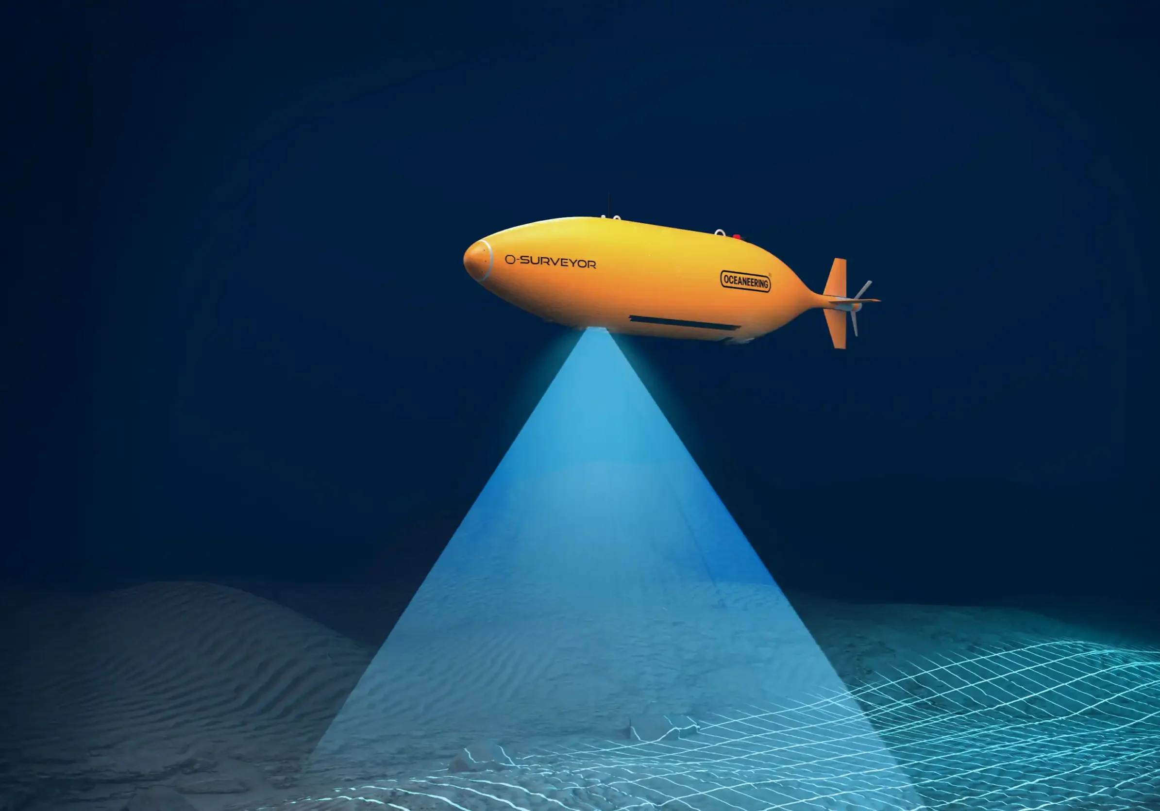 Oceaneering O-Surveyor autonomous underwater vehicle conducting seabed survey operations.