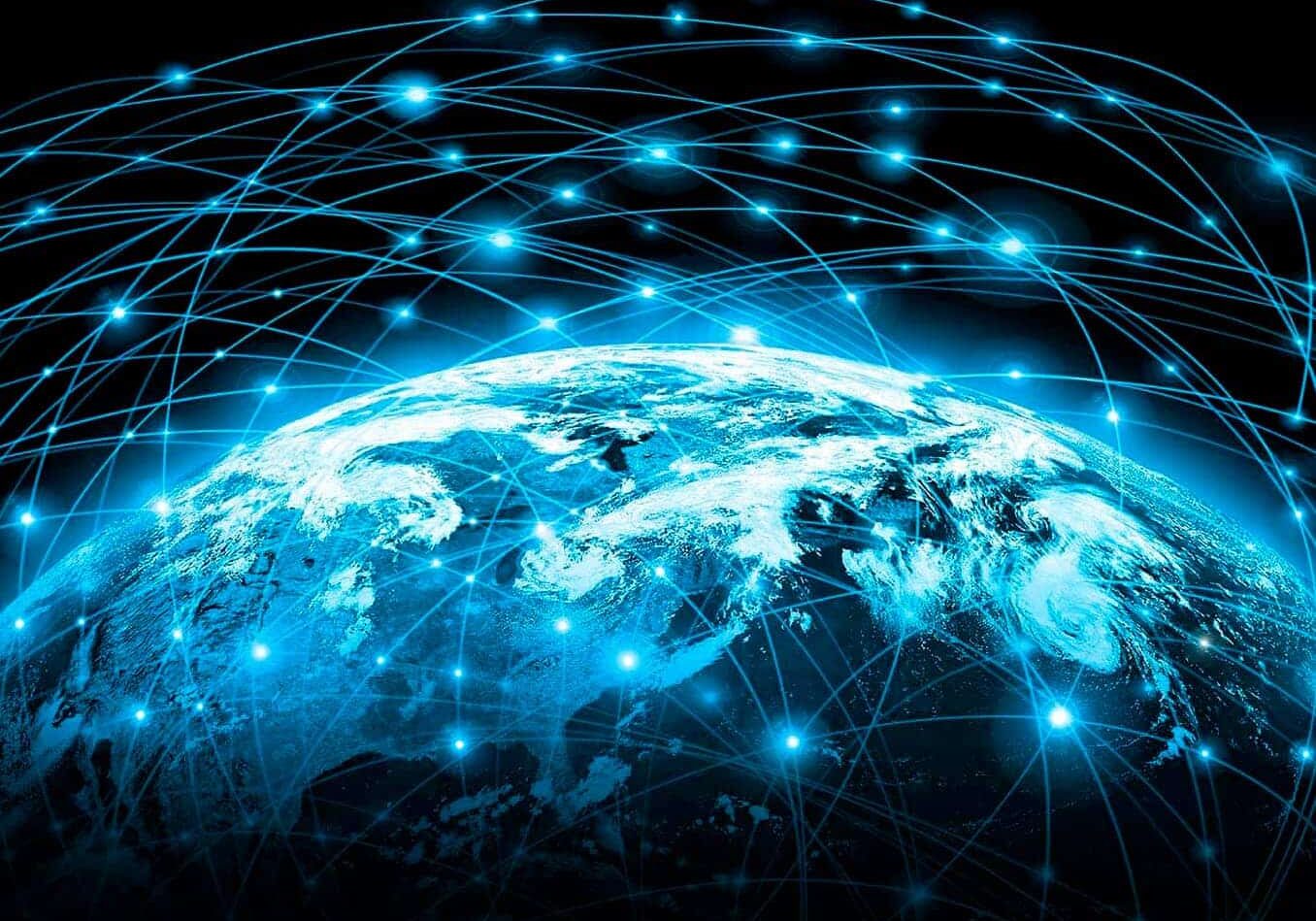 Glowing blue network lines arch over the Earth representing communication across the globe.