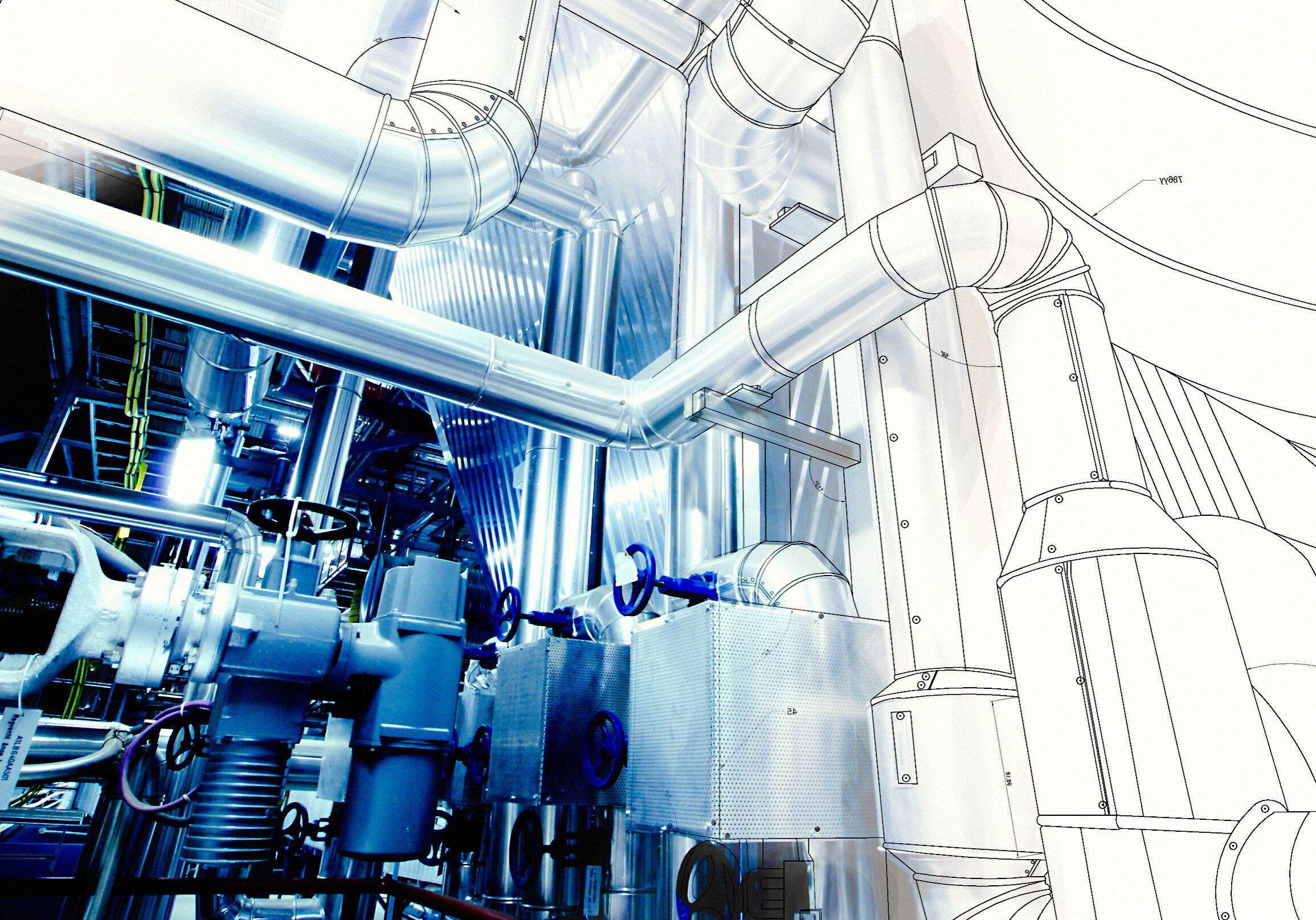 Wireframe computer cad design of pipelines for an industrial power plant