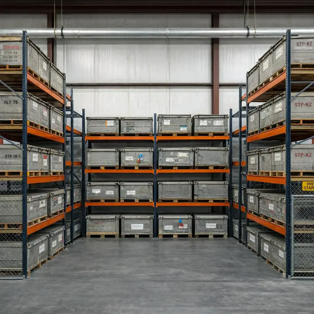 ROV Customer Tooling stored on shelving on racks in a warehouse