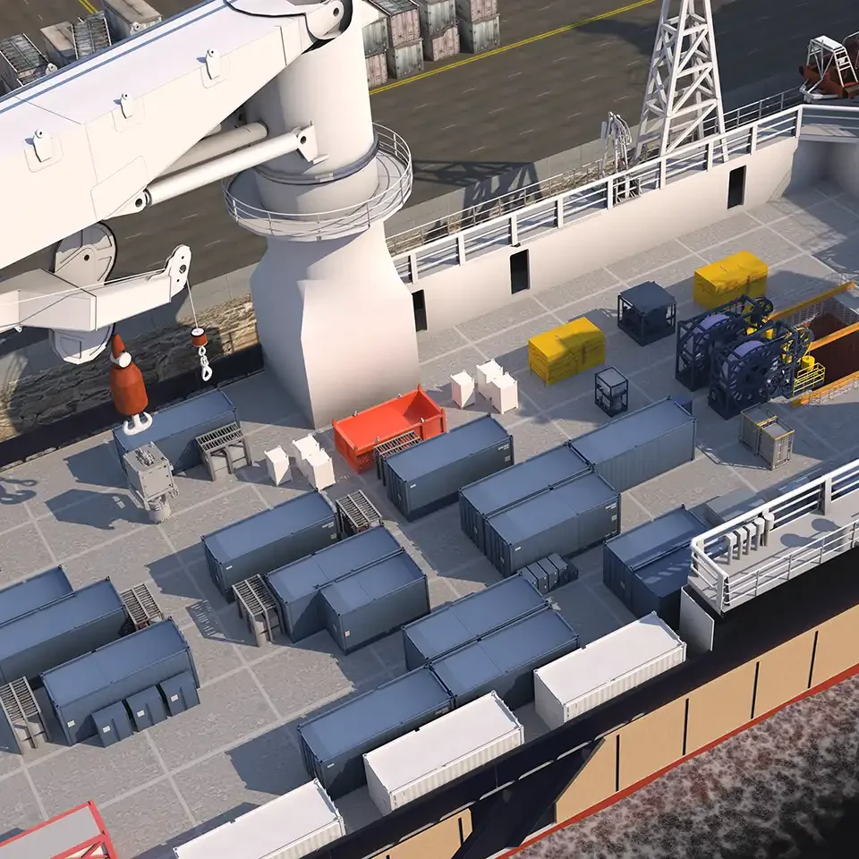 Vessel spread from above showing standard containers and a white subsea crane