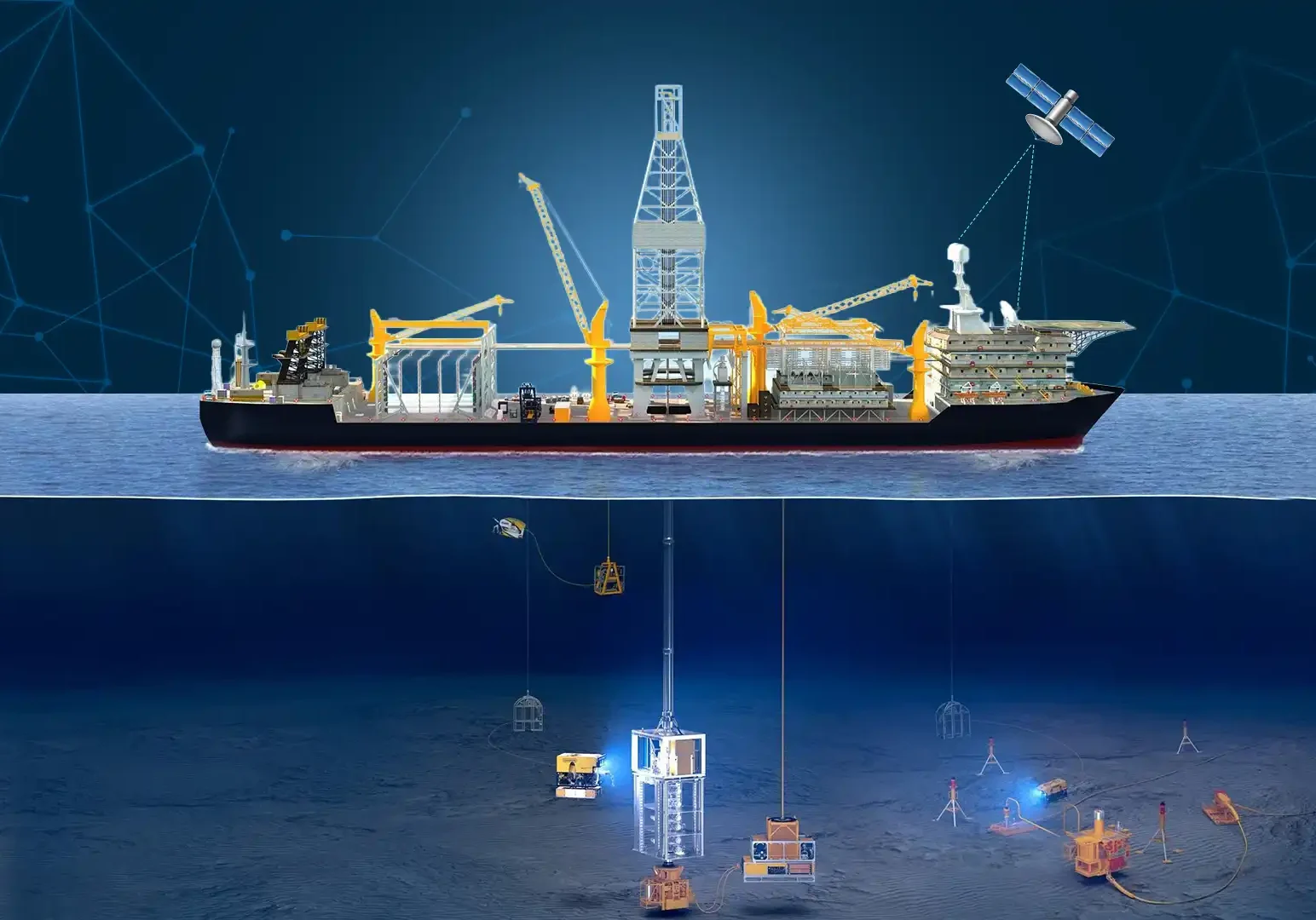 Offshore vessel with subsea survey systems and satellite link illustrating remote secure data communication for subsea operations