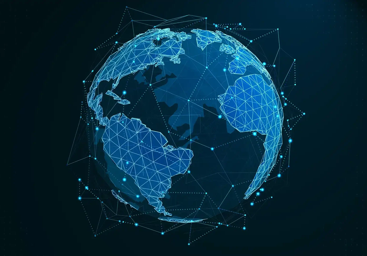 Digital wireframe planet lines and dots connect global network communication modern technology